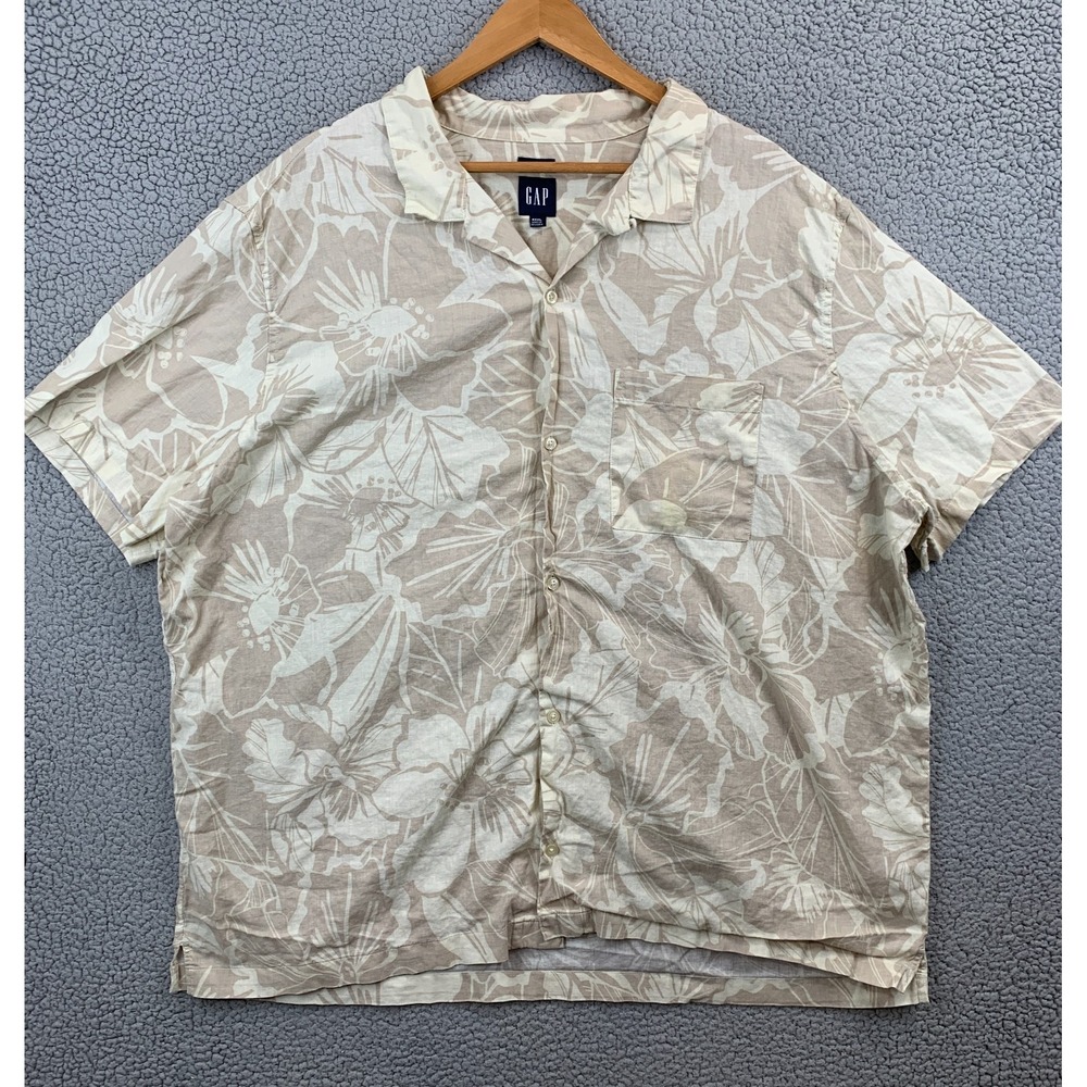 GAP Hawaiian Shirt Linen Tan Floral Mens Size 3XL Beach Vacation